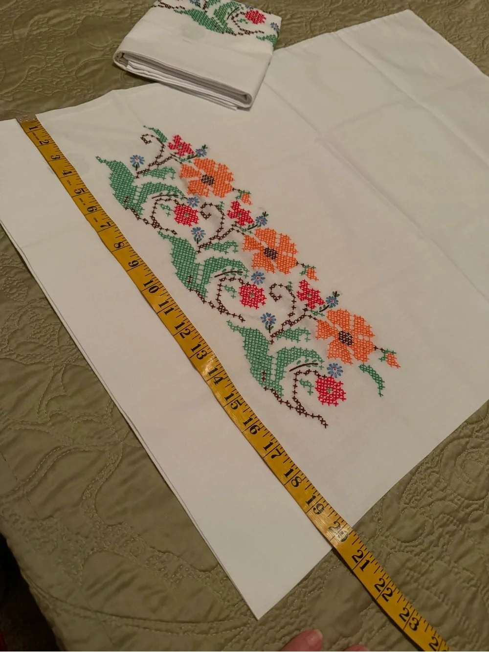 VTG Hand Cross Stitched Floral Pillowcase Set Cottagecore Embroidered Standard